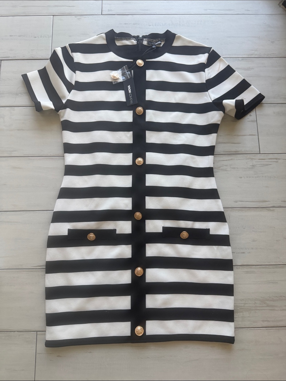 Fashion Nova Black and White Striped Mini Dress with Gold Buttons